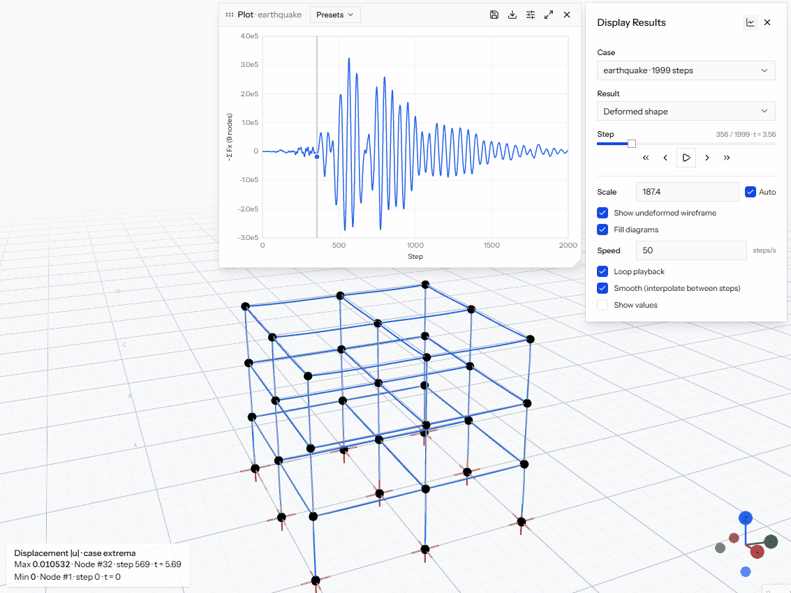 Earthquake response of a 3D frame animating alongside a base shear plot