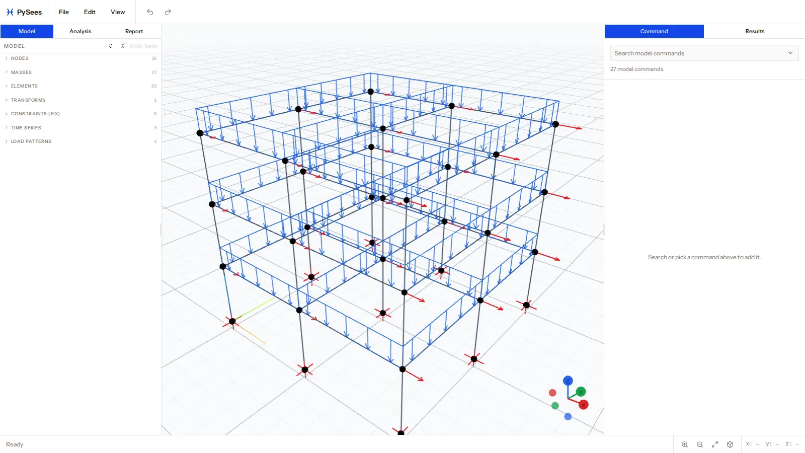 PySees Studio with a 3D frame model, the model panel and command forms