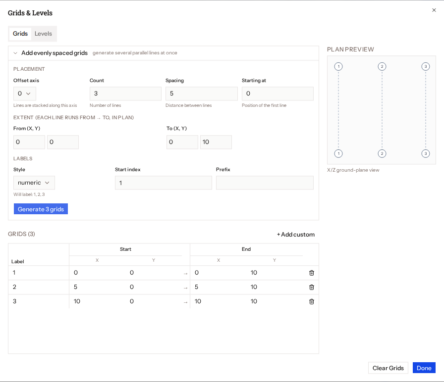 Grids tab with the evenly spaced helper expanded, a table of three grids and the plan preview
