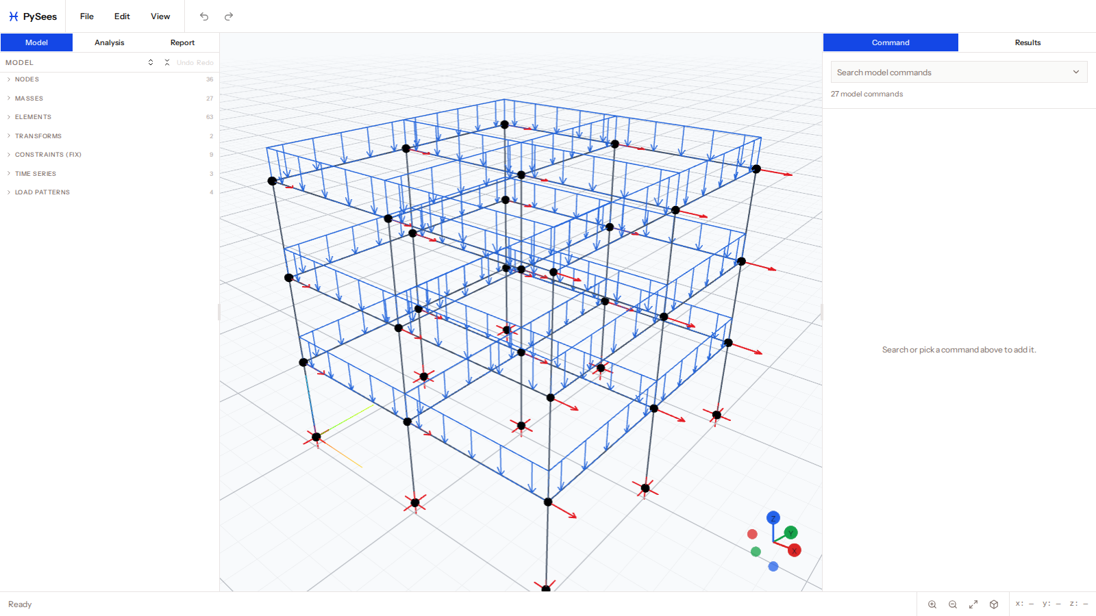 PySees Studio with a 3D frame template: the Model panel on the left, the 3D viewport in the centre and the Command panel on the right