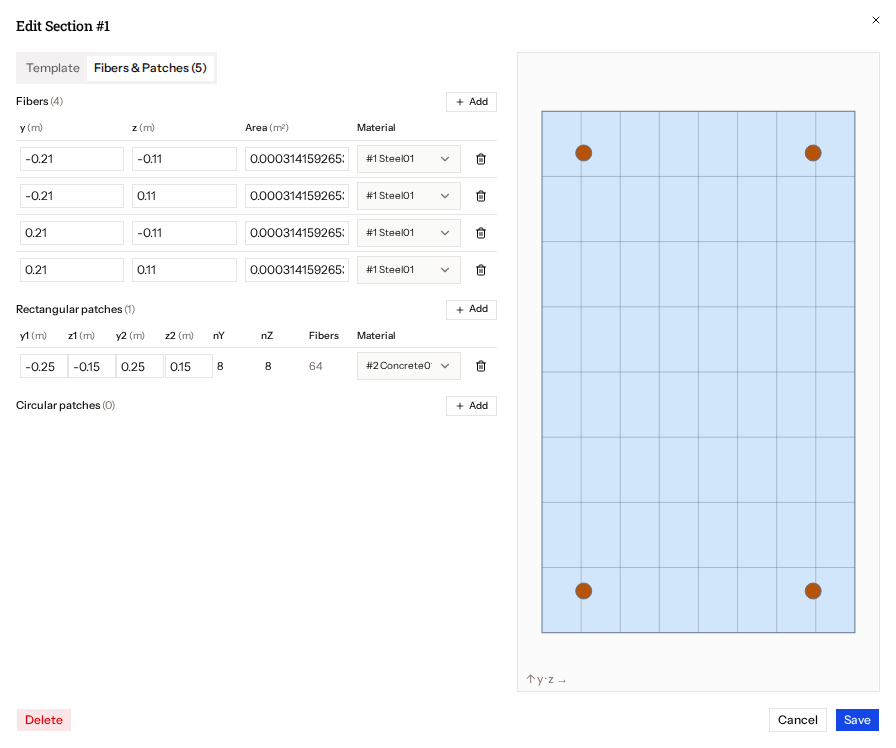 The section editor on the Fibers & Patches tab: tables of fibers and patches on the left and a live section preview on the right